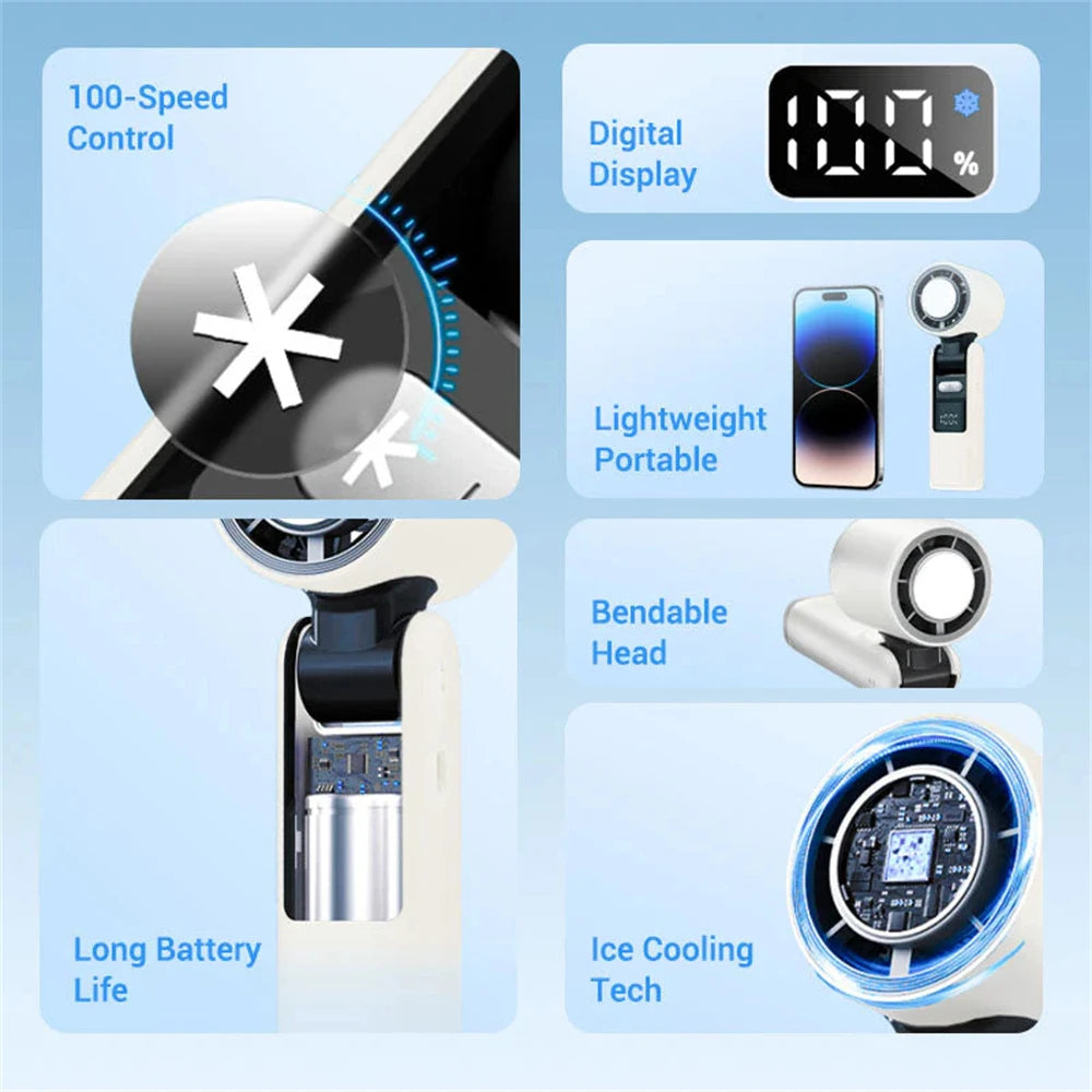 Mini Ice Cold Fan High-Speed Handheld Electric Fan 4000Mah USB Portable Rechargeable Outdoor Small Fan 100 Speed Adjustable